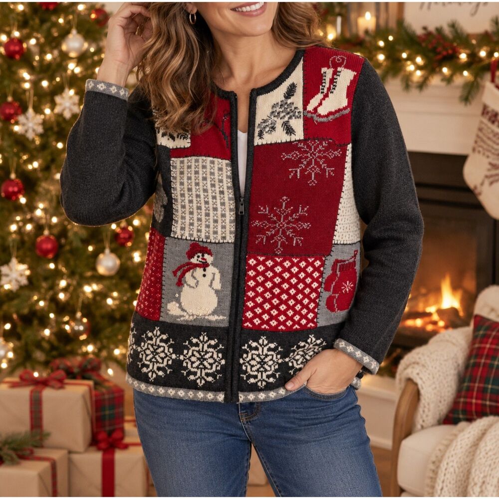 Vtg 90s Merino Wool Holiday Motif Cardigan Sz Petite Novelty Zip Granny Sweater